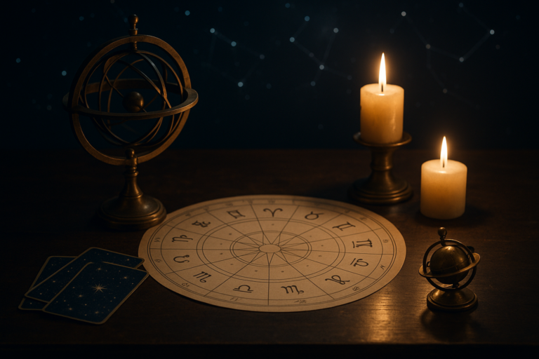 Astrologiczna plansza z symbolami zodiaku, świecami, kartami i dekoracyjnymi sferami na ciemnym stole