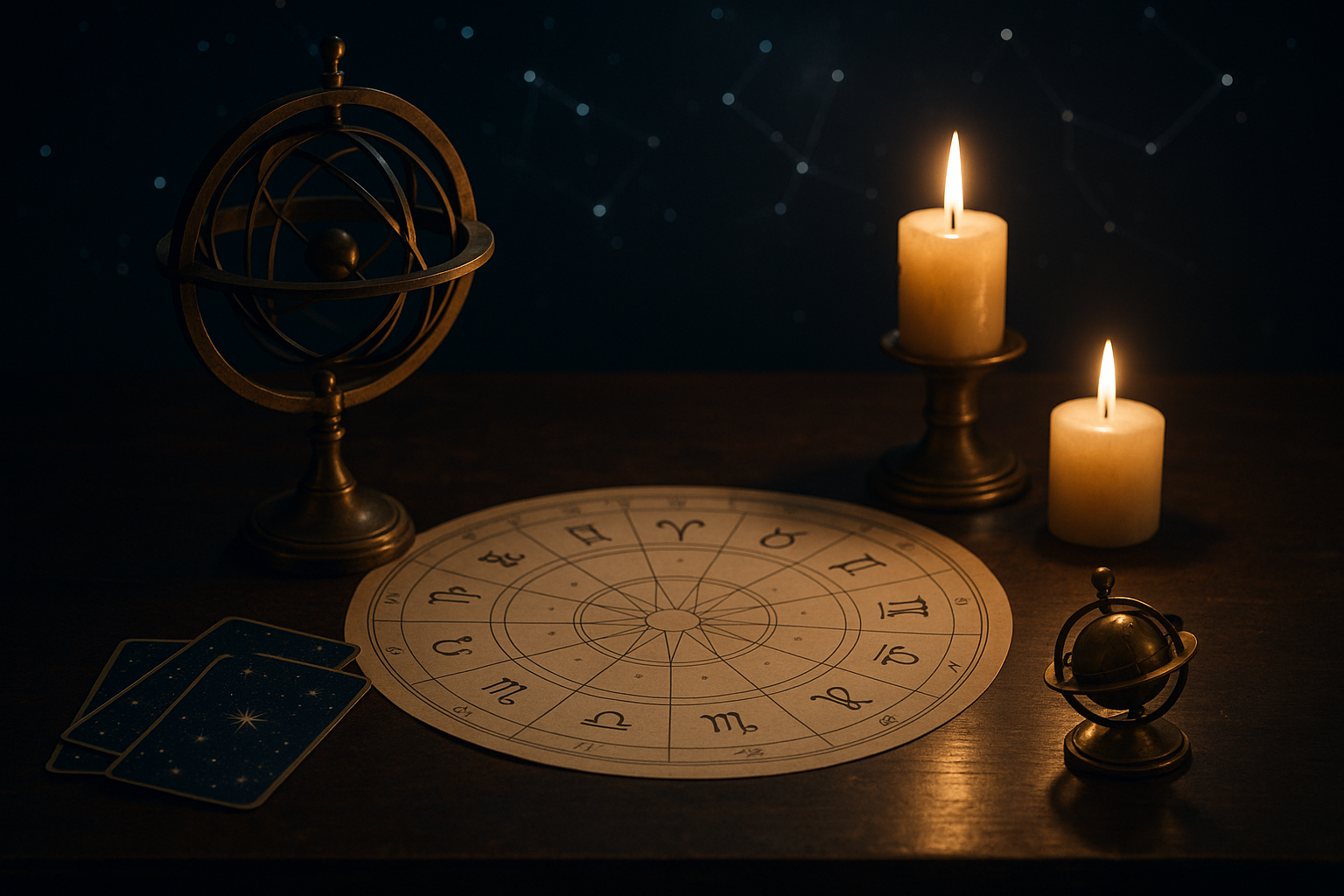 Astrologiczna plansza z symbolami zodiaku, świecami, kartami i dekoracyjnymi sferami na ciemnym stole