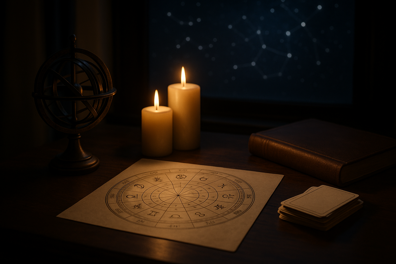 Horoskop dzienny 18 sierpnia 2026 – astrologiczny diagram zodiaku przy świecach, globusie astronomicznym i kartach