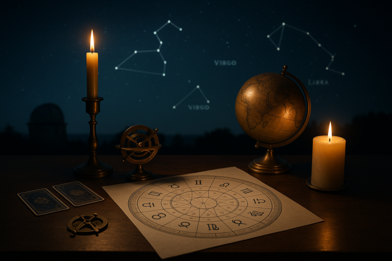 Mapa astrologiczna ze znakami zodiaku na stole, obok globusa, świec i przyrządów astronomicznych