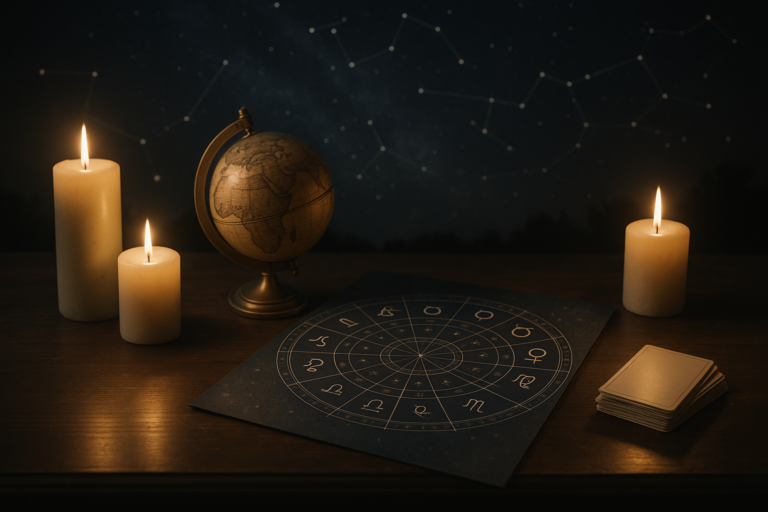 Nastrojowa kompozycja z palącymi się świecami, globusem i kartą z symbolami astrologicznymi na drewnianym stole