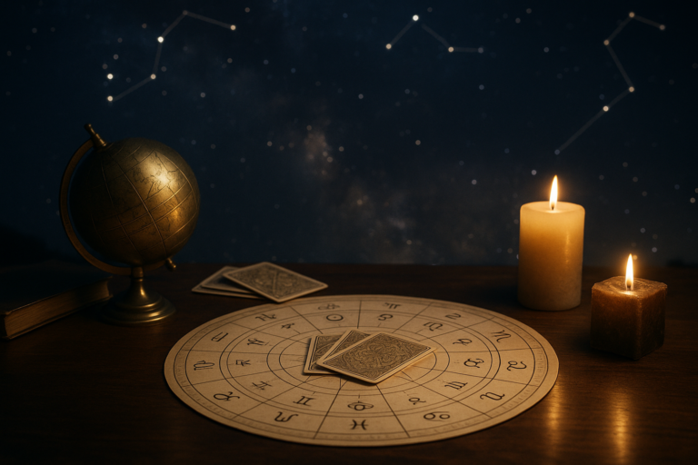 Okrągła karta z symbolami zodiaku i leżącymi na niej kartami na drewnianym stole, obok globusa oraz zapalonych świec