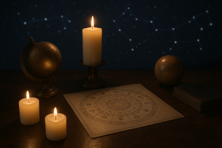 Oświetlony świecami stół z tarczą astrologiczną, globusem i kartami na tle ciemnego nieba z konstelacjami