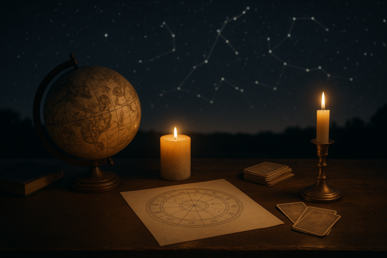 Oświetlony świecami globus, mapa nieba na biurku i widoczne na nocnym niebie gwiazdozbiory