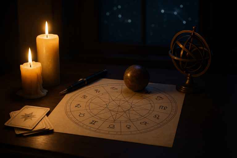 Rozłożona mapa astrologiczna z symbolami zodiaku, kartami i kulą przy świetle świec