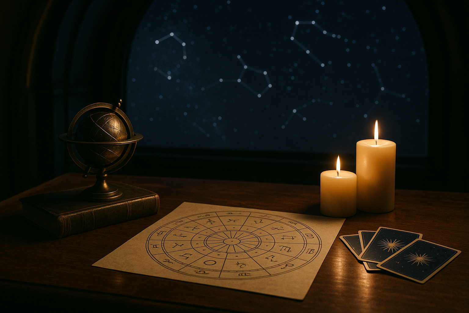 Horoskop dzienny 28 sierpnia 2026 – karta astrologiczna zodiaku przy świecach i rozgwieżdżonym niebie