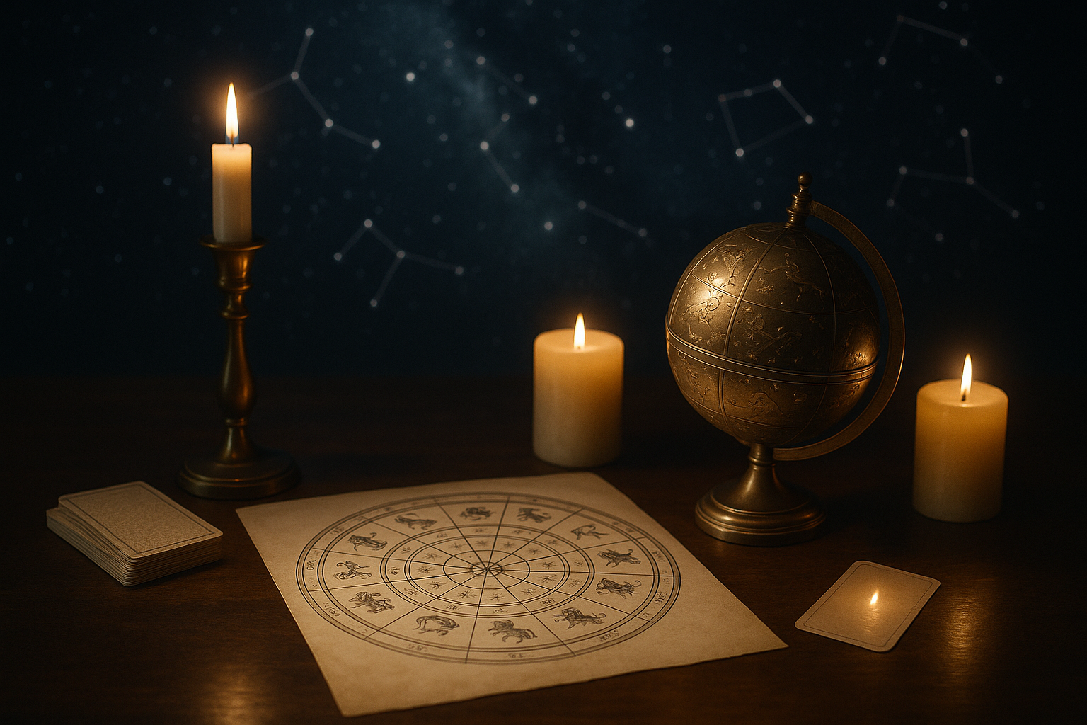 Stół z zapalonymi świecami, globusem i arkuszem przedstawiającym astrologiczny diagram zodiaku na tle gwiazd