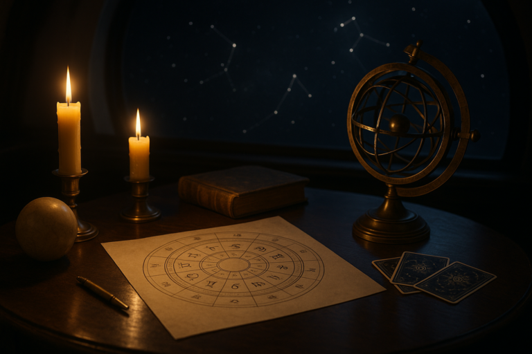 Nastrojowy stół z mapą astrologiczną, globusem astronomicznym, dwiema świecami, księgą i kartami symboli na tle nocnego nieba