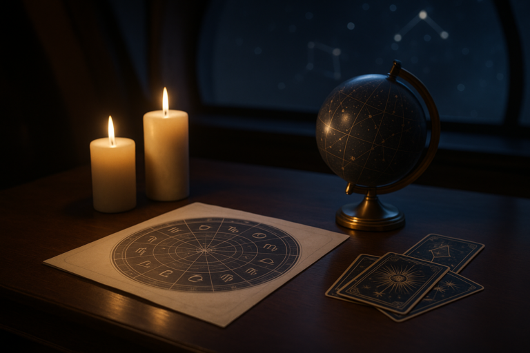 Świece, globus nieba i karta z astrologicznym diagramem na drewnianym biurku