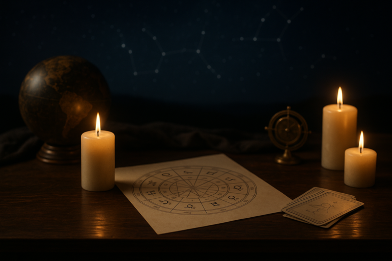 Świece oświetlają stół z mapą astrologiczną, kartami i dekoracyjną kulą na ciemnym tle