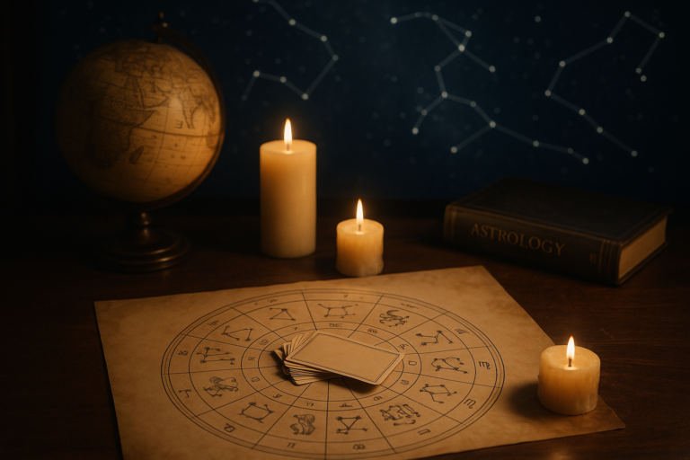 Stół z kartą astrologiczną, rozłożonymi kartami, zapalonymi świecami i globusem w nastrojowym oświetleniu