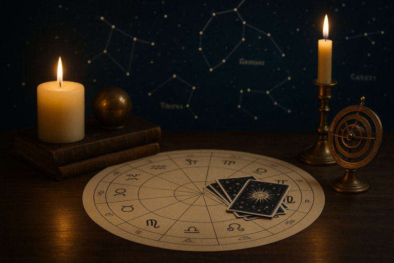 Rozłożona mapa zodiaku z kartami tarota, świecami i mosiężnym astrolabium na drewnianym stole