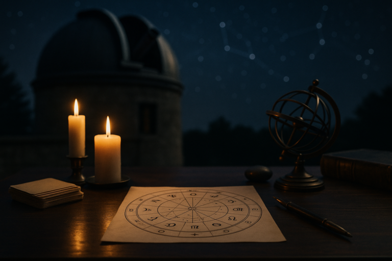 Stół z zapalonymi świecami, kartą z okręgiem symboli, globusem astronomicznym i piórem na tle nocnego nieba