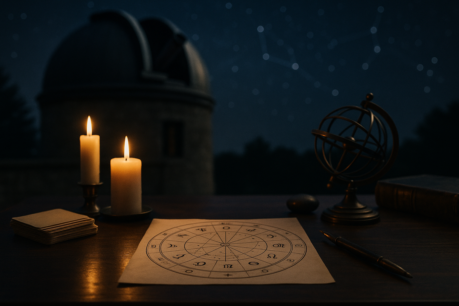 Horoskop dzienny 7 września 2026 przy świecach, z kołem zodiaku i sferą armilarną na tle nocnego nieba