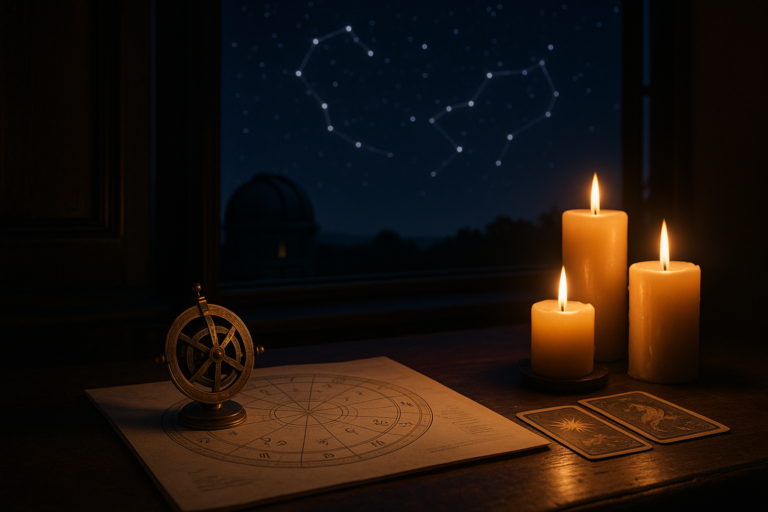 Stół z mapą nieba, mosiężnym astrolabium, kartami i zapalonymi świecami przy nocnym oknie