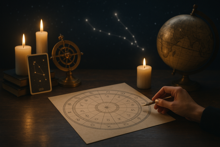 Dłoń wskazuje element na papierowej mapie astrologicznej przy świecach, globusie i dekoracyjnym przyrządzie astronomicznym