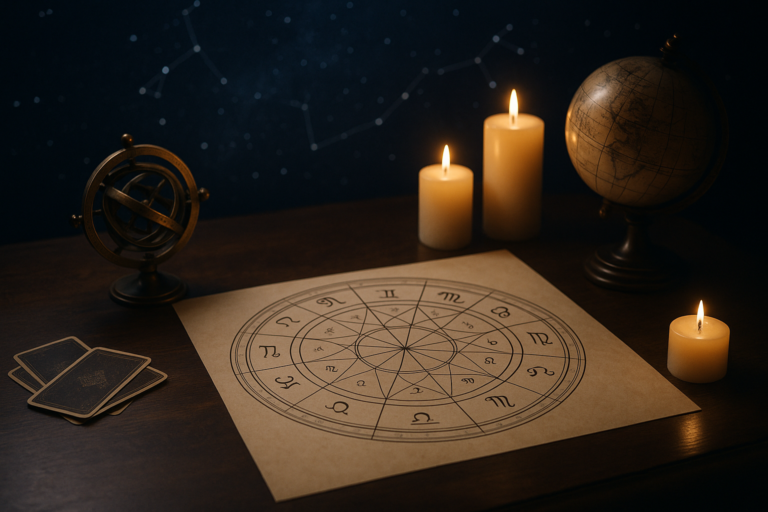 Rozłożona karta z kołem zodiaku na biurku, obok zapalonych świec, globusa i astrolabium.