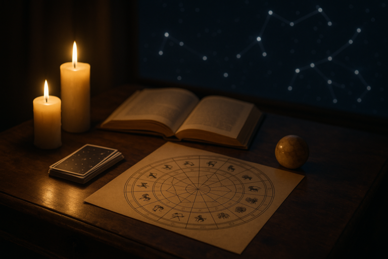 Stół z zapalonymi świecami, otwartą księgą i mapą astrologiczną przedstawiającą symbole zodiaku