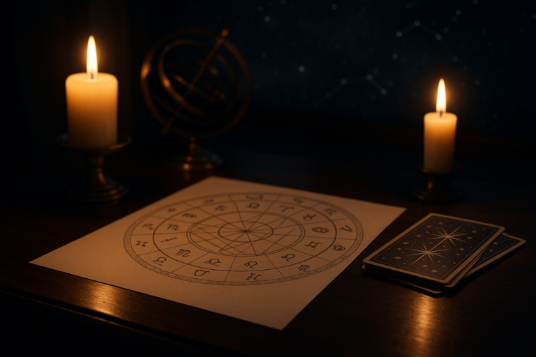 Rozłożona karta zodiaku obok talii kart tarota, oświetlona dwiema zapalonymi świecami na ciemnym stole