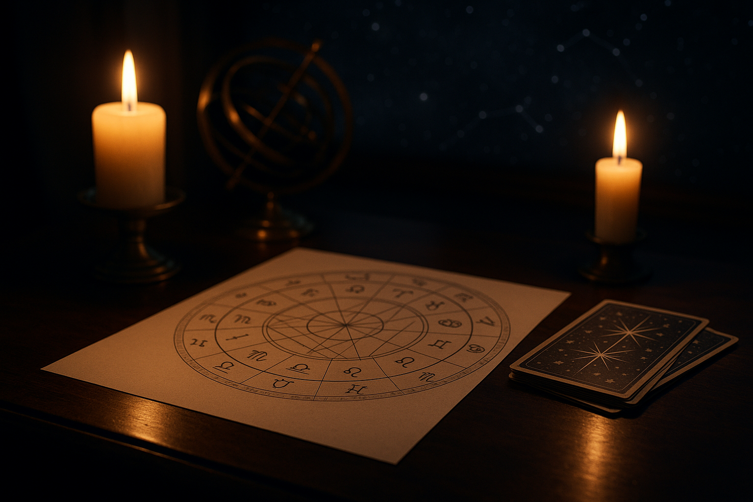 Rozłożona karta zodiaku obok talii kart tarota, oświetlona dwiema zapalonymi świecami na ciemnym stole