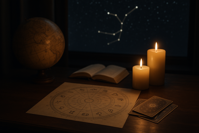 Nocna aranżacja z mapą nieba, globusem, otwartą księgą, świecami i kartą astrologiczną na drewnianym stole