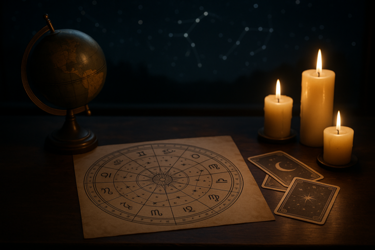 Mapa astrologiczna przy świecach Stara mapa astrologiczna z symbolami zodiaku, globus, zapalone świece i karty na ciemnym drewnianym stole
