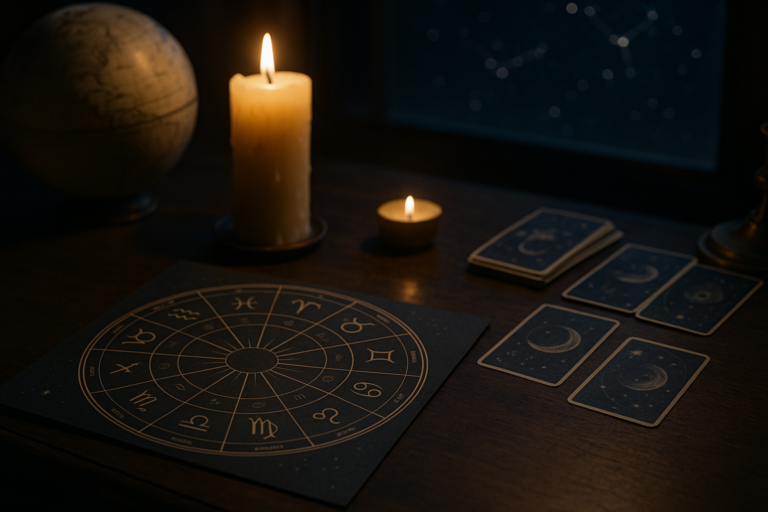 Plansza z kołem znaków zodiaku, karty tarota i zapalone świece na ciemnym drewnianym stole