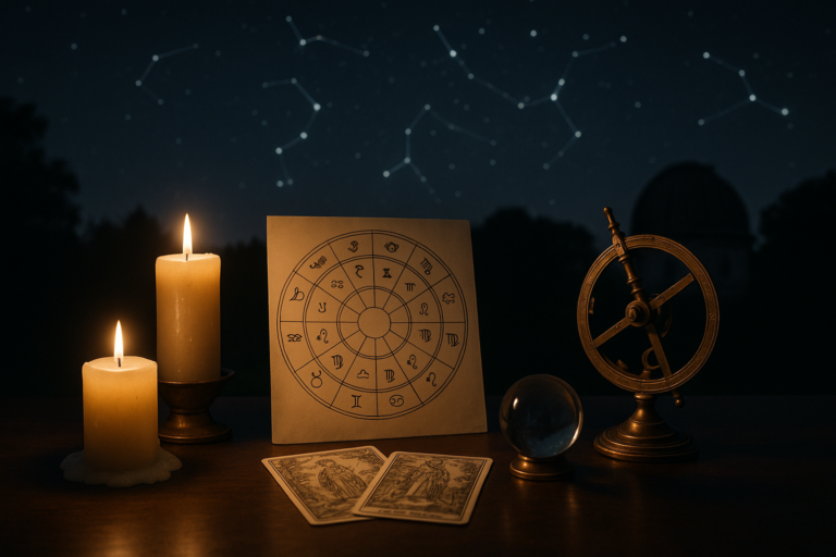 Stół z zapalonymi świecami, kartą z okręgiem astrologicznym, kartami tarota, kryształową kulą i astrolabium na tle nocnego nieba