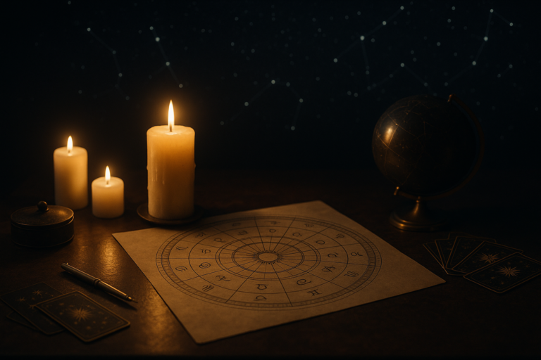 Świece oświetlają stół z okręgiem astrologicznym, kartami i ciemnym globusem w tle