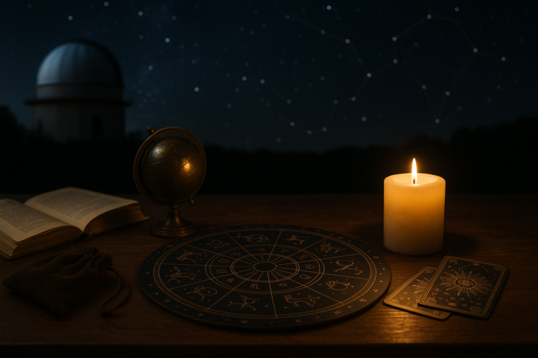 Astrologiczna mapa przy świecy Nocna scena z otwartą księgą, globusem, świecą i okrągłą mapą astrologiczną na drewnianym stole