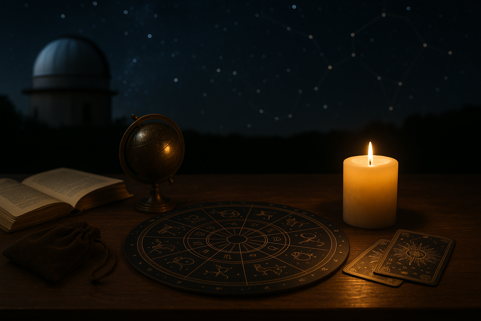 Nocna scena z otwartą księgą, globusem, świecą i okrągłą mapą astrologiczną na drewnianym stole