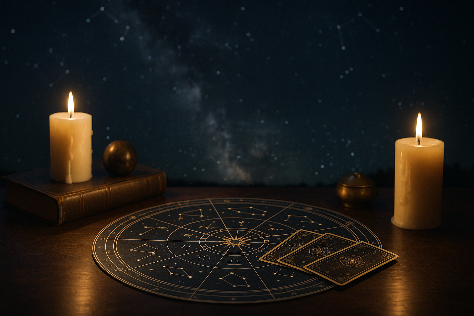 Okrągła mapa astrologiczna i karty na drewnianym stole, oświetlone świecami na tle nocnego nieba