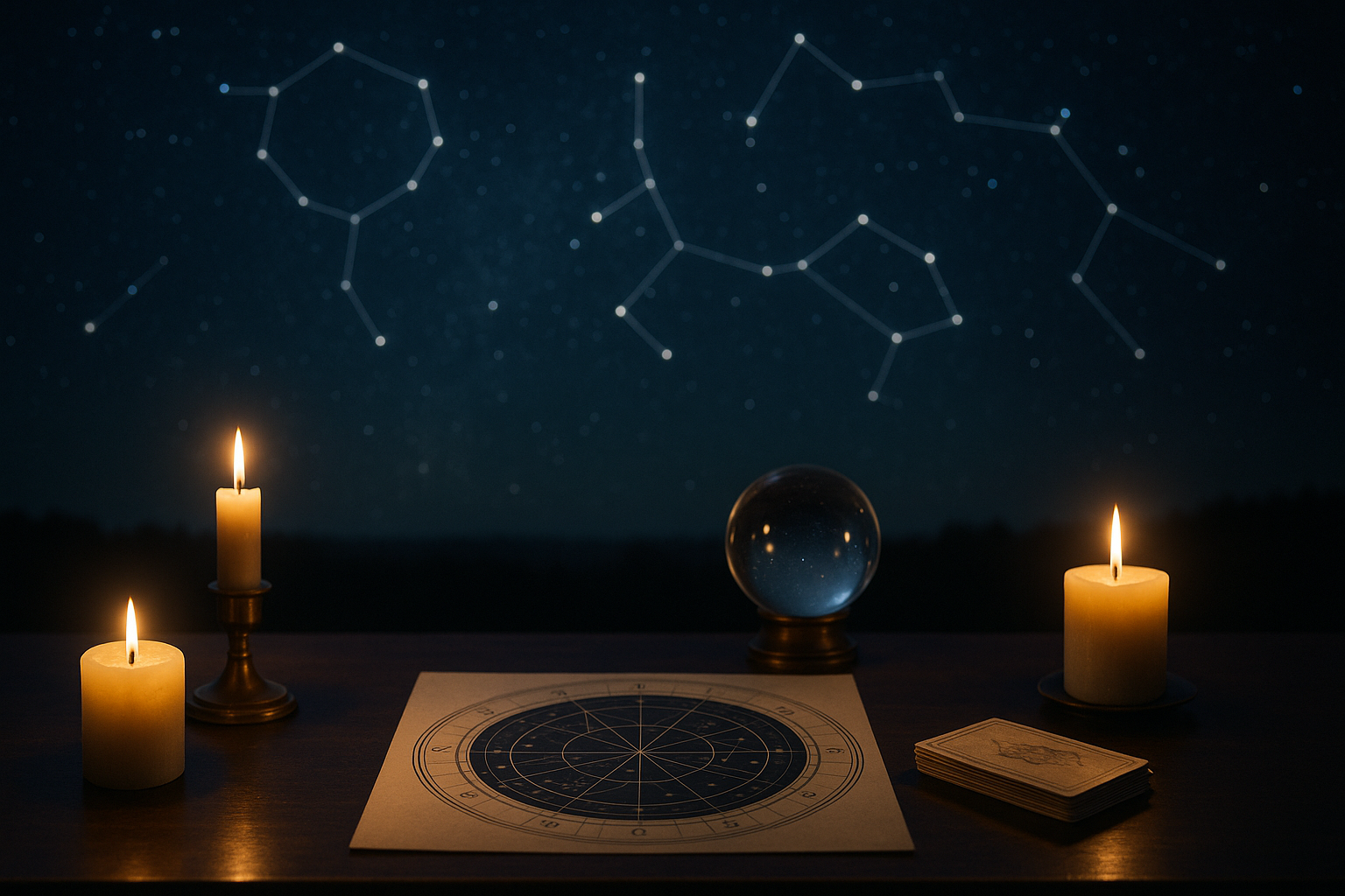 Horoskop dzienny 27 września 2026 z astrologiczną mapą zodiaku, kryształową kulą i zapalonymi świecami