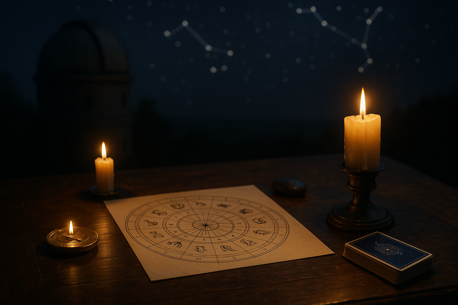 Rozłożona karta z symbolami zodiaku na drewnianym stole, oświetlona przez palące się świece; obok leży zamknięta talia kart.