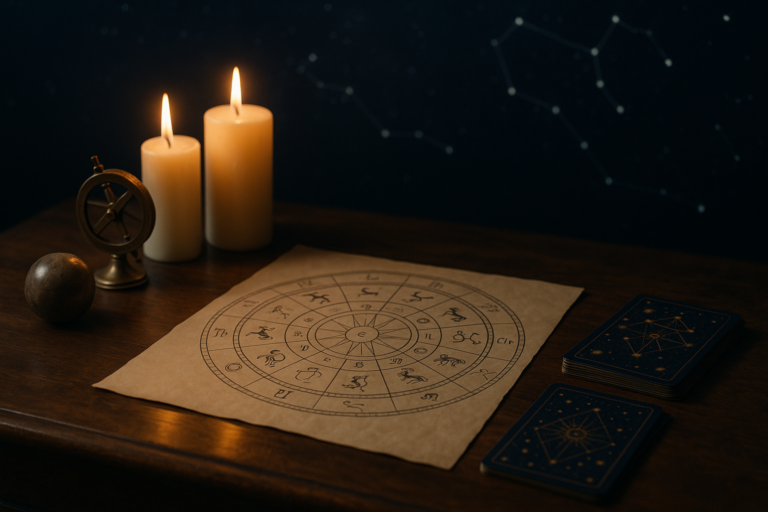 Mapa astrologiczna przy świecach Rozłożona mapa astrologiczna na stole obok zapalonych świec, astrolabium i kart z symbolami zodiaku