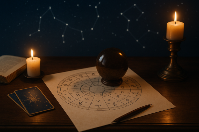 Kryształowa kula na kole astrologicznym obok zapalonych świec, kart i pióra na drewnianym stole