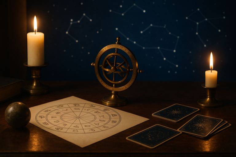 Stół z zapalonymi świecami, ozdobnym astrolabium, mapą nieba i kartami z symbolami.