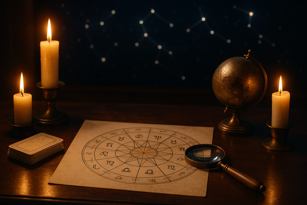 Astrologiczna mapa zodiaku Horoskop dzienny 4 października 2026 przedstawiony jako astrologiczna mapa zodiaku na stole przy świecach i globusie