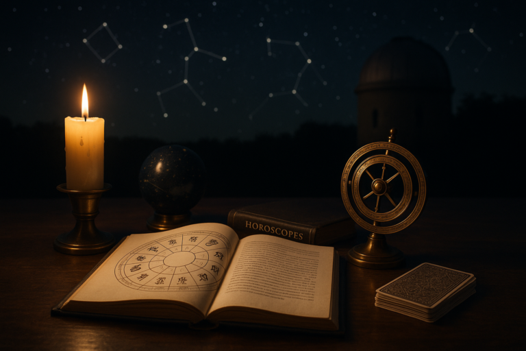 Otwarta księga z symbolami astrologicznymi obok zapalonej świecy, sfery armilarnej i talii kart na tle nocnego nieba