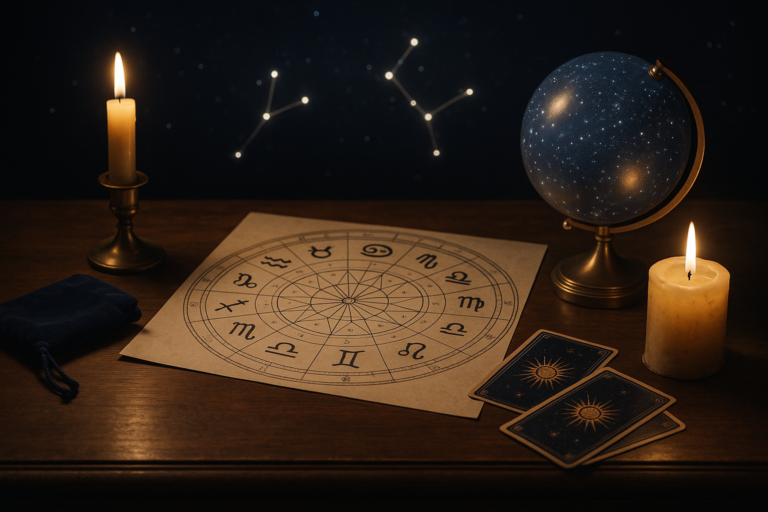 Rozłożona mapa zodiaku na drewnianym stole obok zapalonych świec, kryształowej kuli i kart tarota