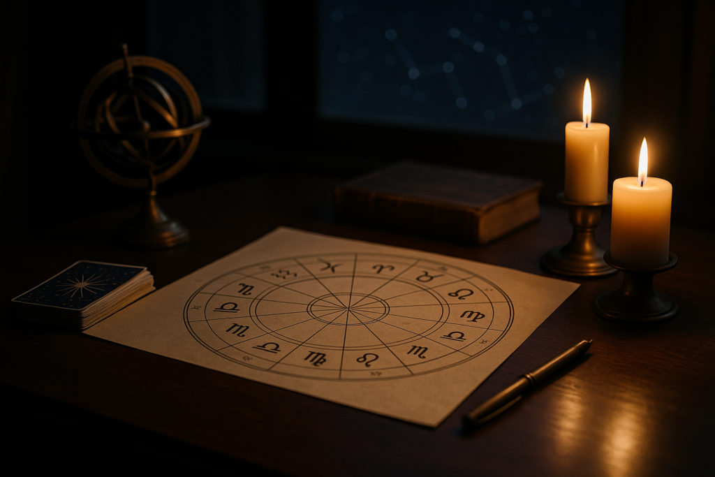 Astrologiczny zodiak przy świecach Horoskop dzienny 7 października 2026 przedstawiony jako astrologiczny zodiak na stole przy świecach