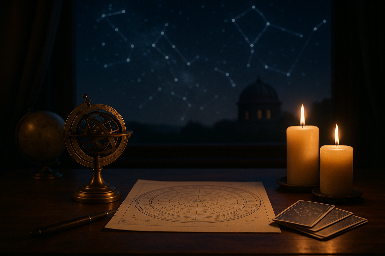 Astrologiczna mapa na biurku obok globusa, ozdobnego astrolabium i zapalonych świec, na tle nocnego nieba