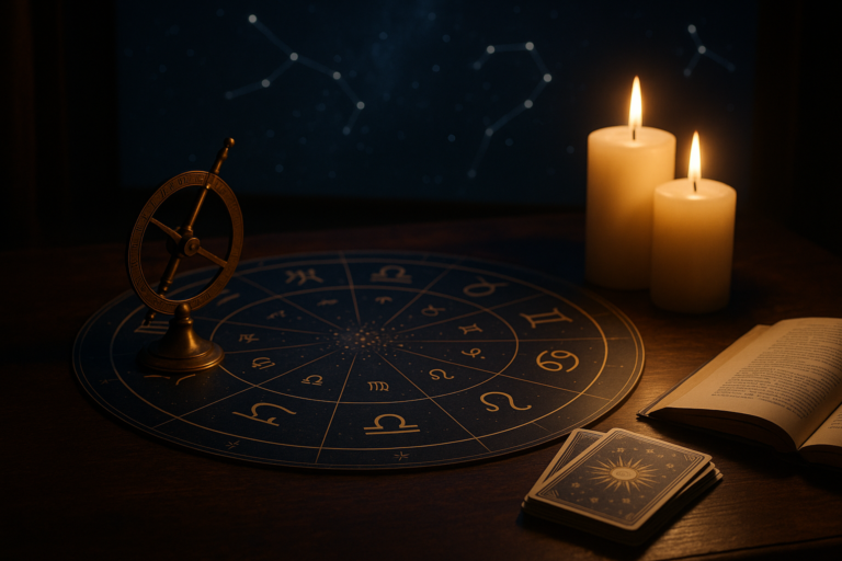 Okrągła mapa znaków zodiaku na ciemnym stole, obok palących się świec, otwartej książki i przyrządu astronomicznego