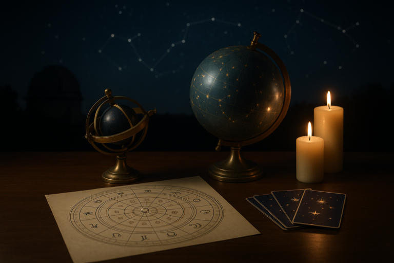 Astrologiczne globusy, karta z kołem zodiaku i świece na ciemnym tle