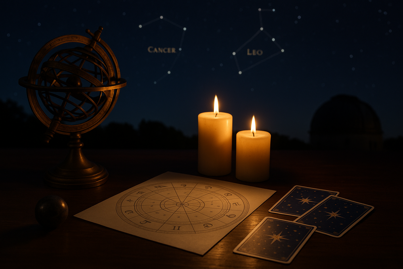 Mosiężna sfera armilarna, dwie zapalone świece, mapa zodiaku i karty astrologiczne na drewnianym stole