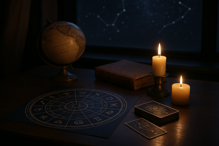 Stół z mapą astrologiczną, globusem, zamkniętą księgą i zapalonymi świecami w ciemnym wnętrzu