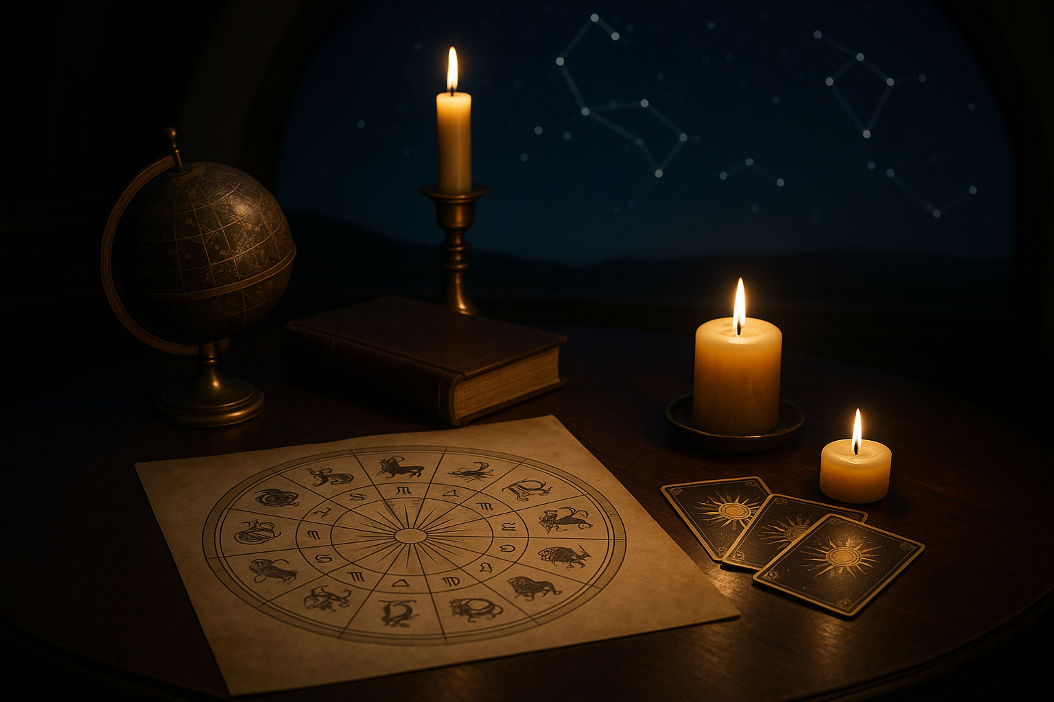 Stół z mapą znaków zodiaku, dwiema kartami tarota, globusem i zapalonymi świecami na tle nocnego nieba