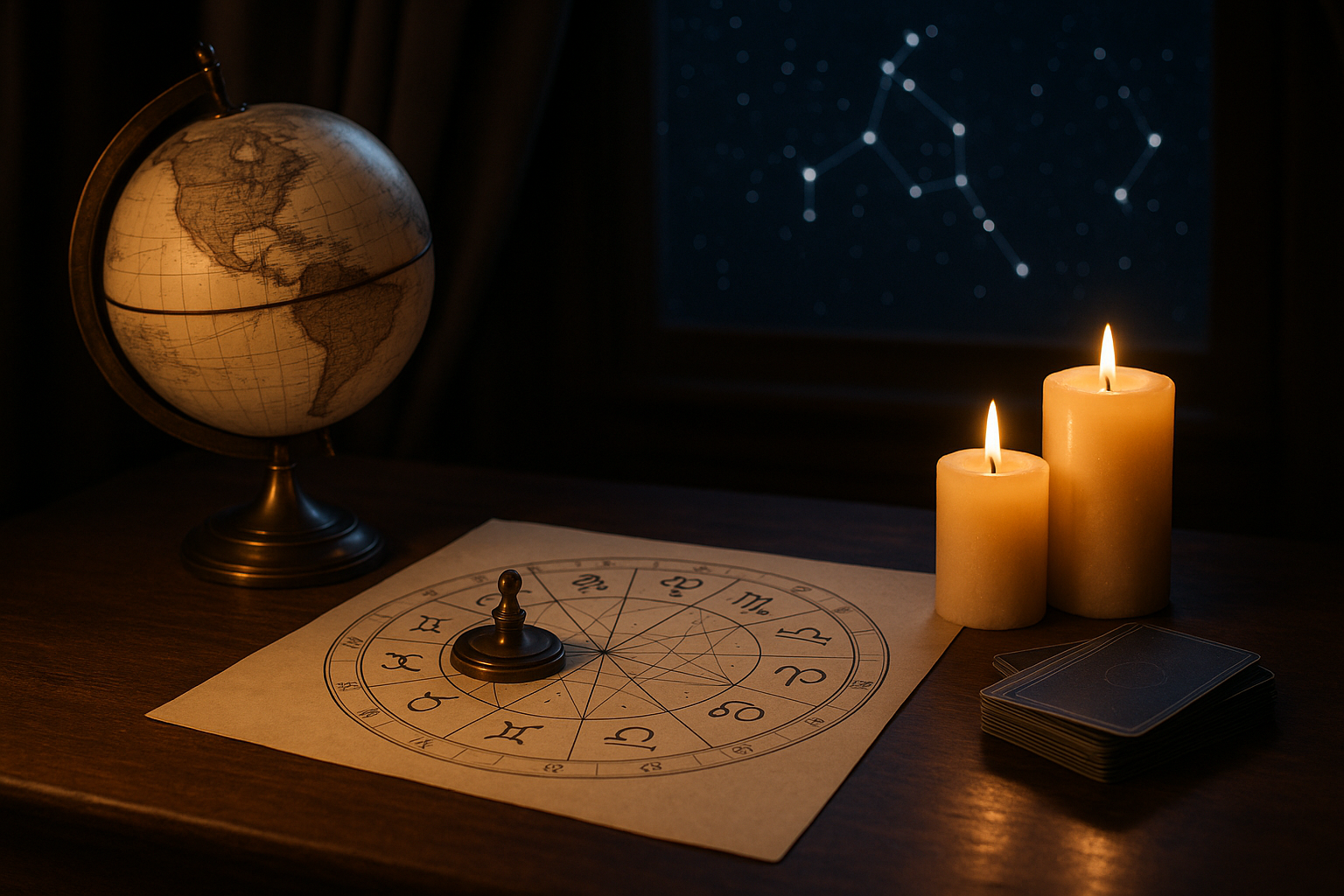 Horoskop dzienny 14 października 2026 przedstawiony przy mapie astrologicznej, globusie, świecach i tle z konstelacjami