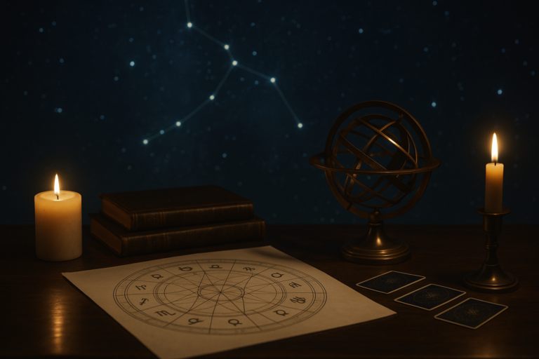 Stół z zapalonymi świecami, starymi księgami, metalową sferą armilarną i arkuszem z rysunkiem astrologicznym na tle gwiazd