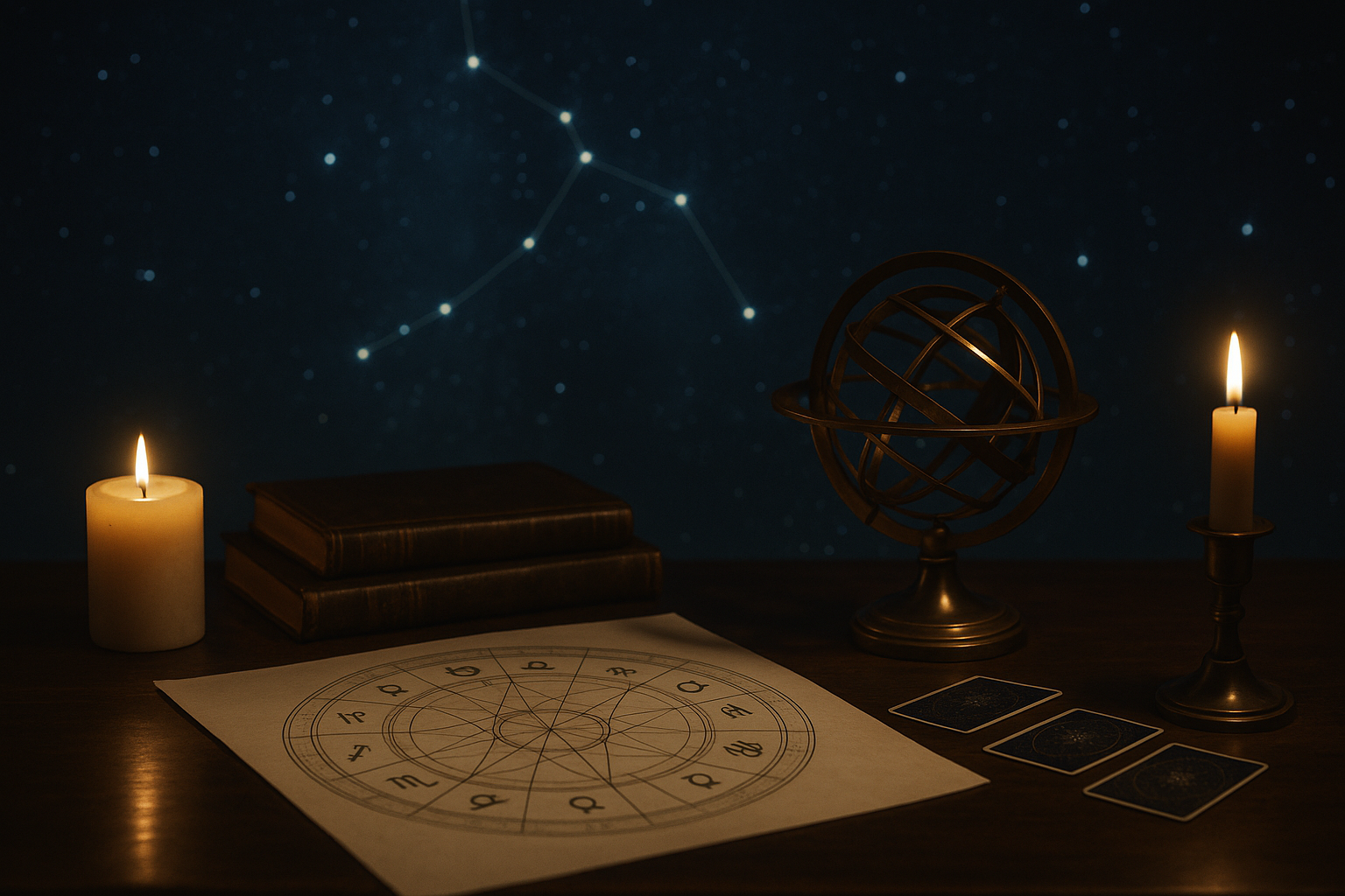 Stół z zapalonymi świecami, starymi księgami, metalową sferą armilarną i arkuszem z rysunkiem astrologicznym na tle gwiazd